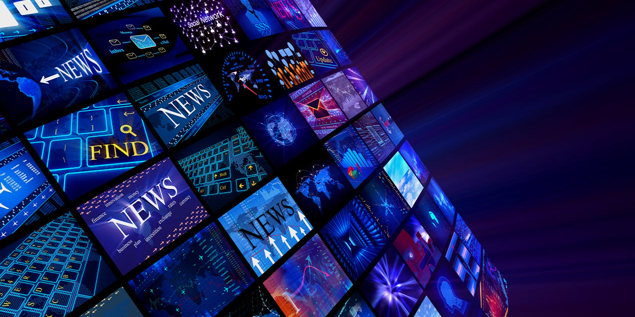 Collage of video screens showing abstracts of news stations.